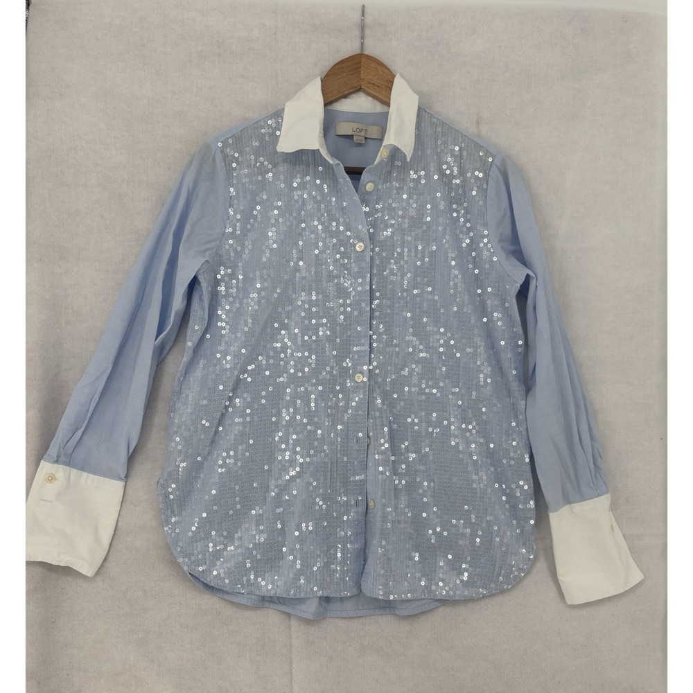 Ann Taylor Loft Button Down Sequin Front Blouse Women's XS Blue L/SL French Cuff